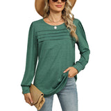 Solid Color U-Neck Pleated Long Sleeve Top