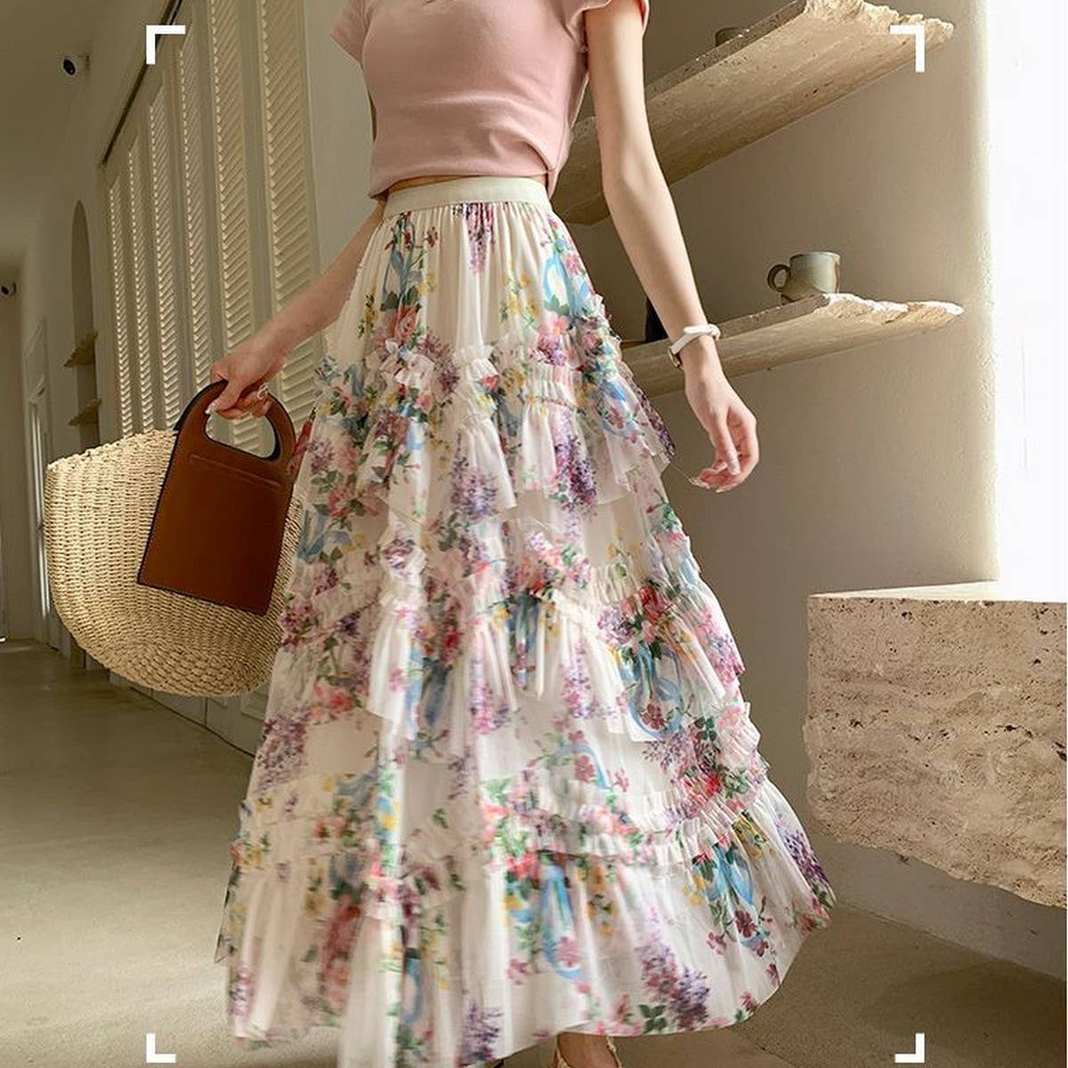 COLORFUL FLORAL MESH PRINT PLEATED TULLE SKIRT_CWBLS0399