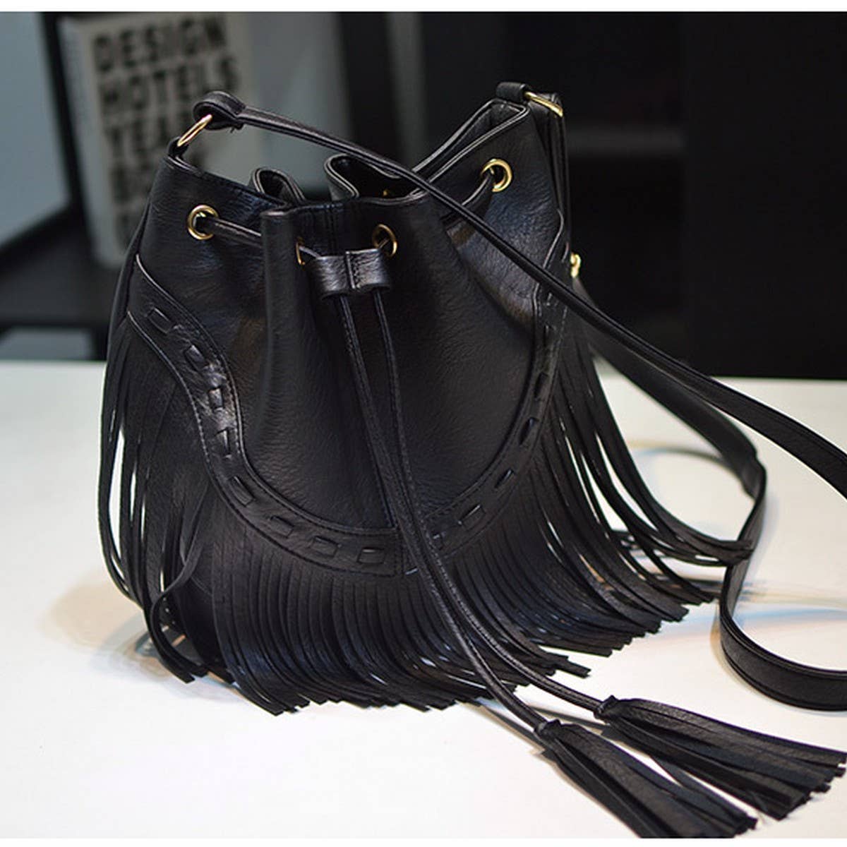 Cwab4539_Drawstring Handmade Tassel Bucket Shoulder Bag
