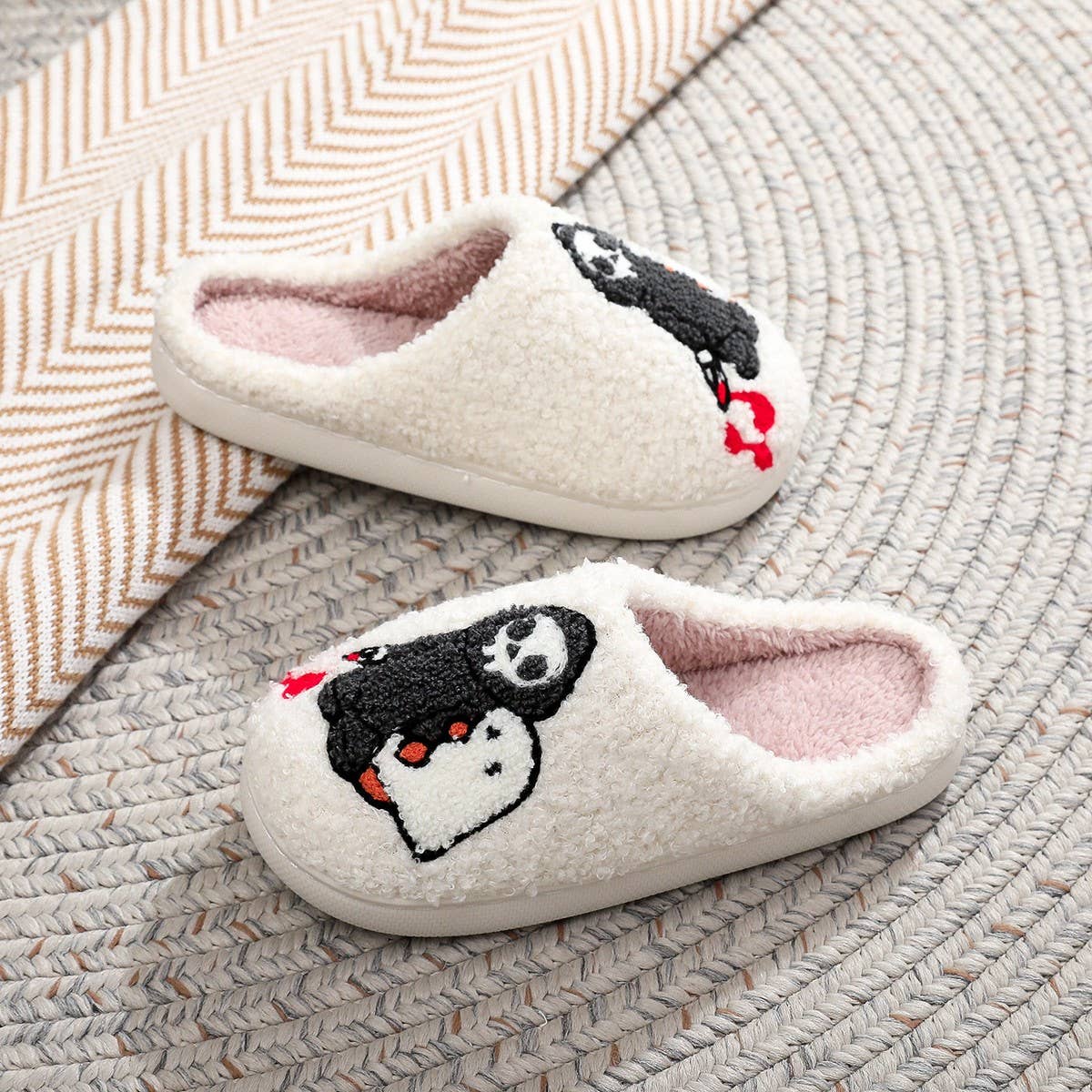 HALLOWEEN SKULL GHOST EMBROIDERY COTTON SLIPPERS_CWSHS0853