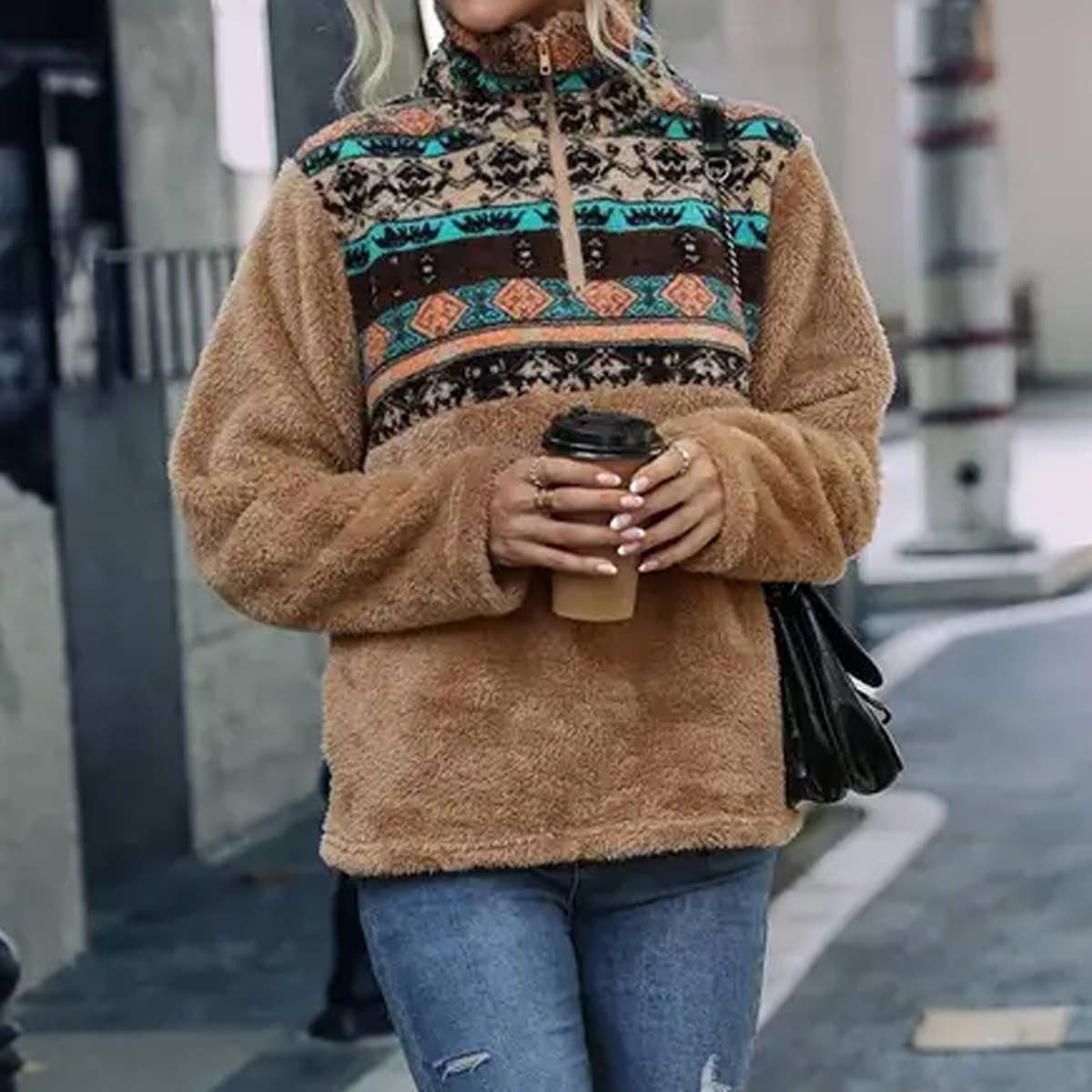 Women High Half Zip Up Neck Aztec Fleece Pullover_Cwoswl1558