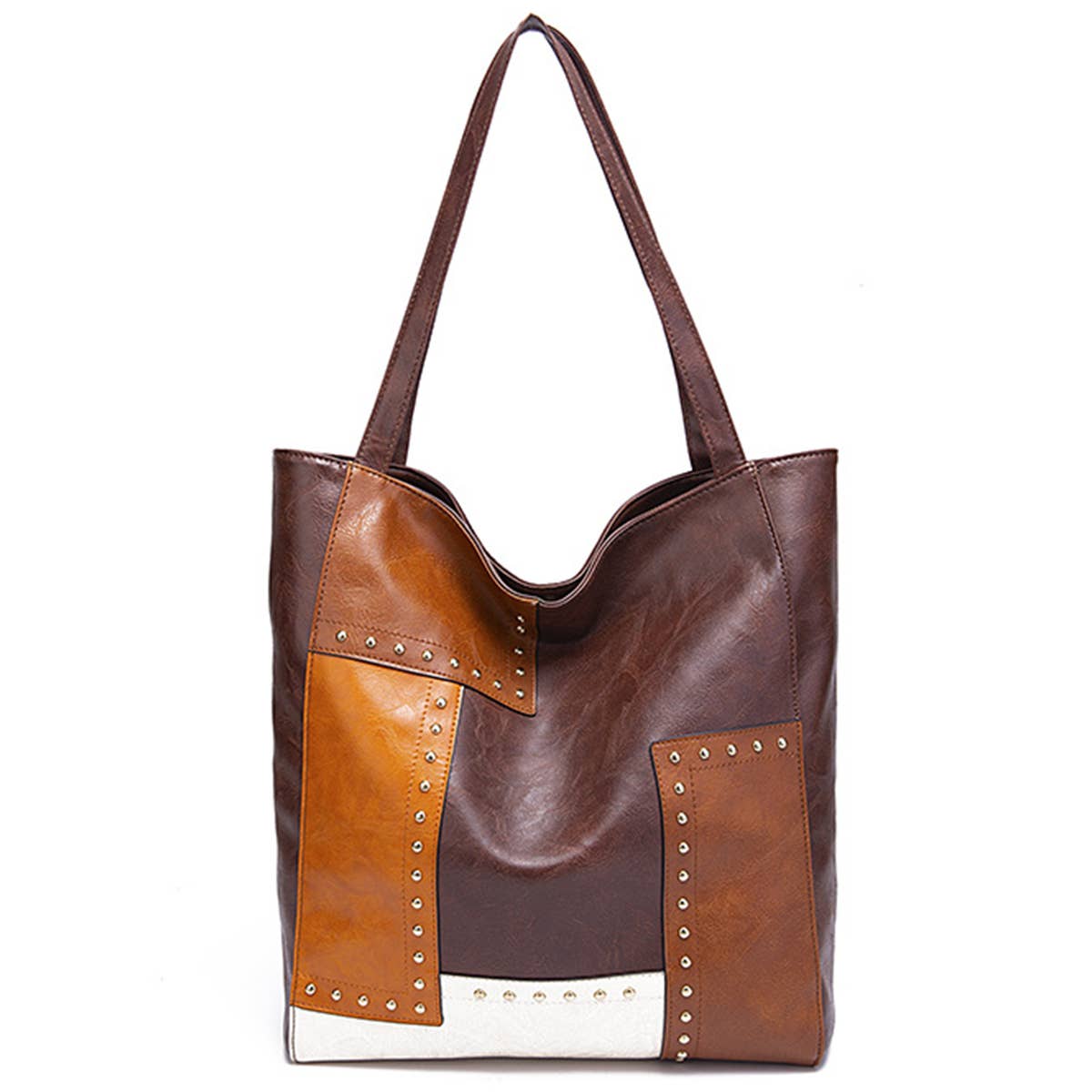 Women Rivet Contrast Splicing One Shoulder Handbag_Cwab0564