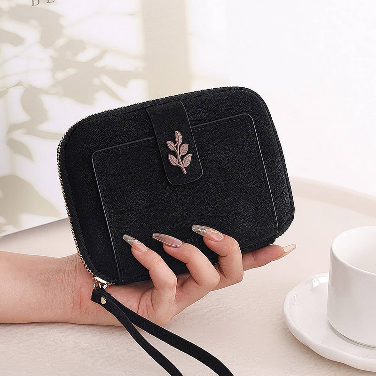 New Solid Leaf Decor Zipper Short Wallet_Cwab06258
