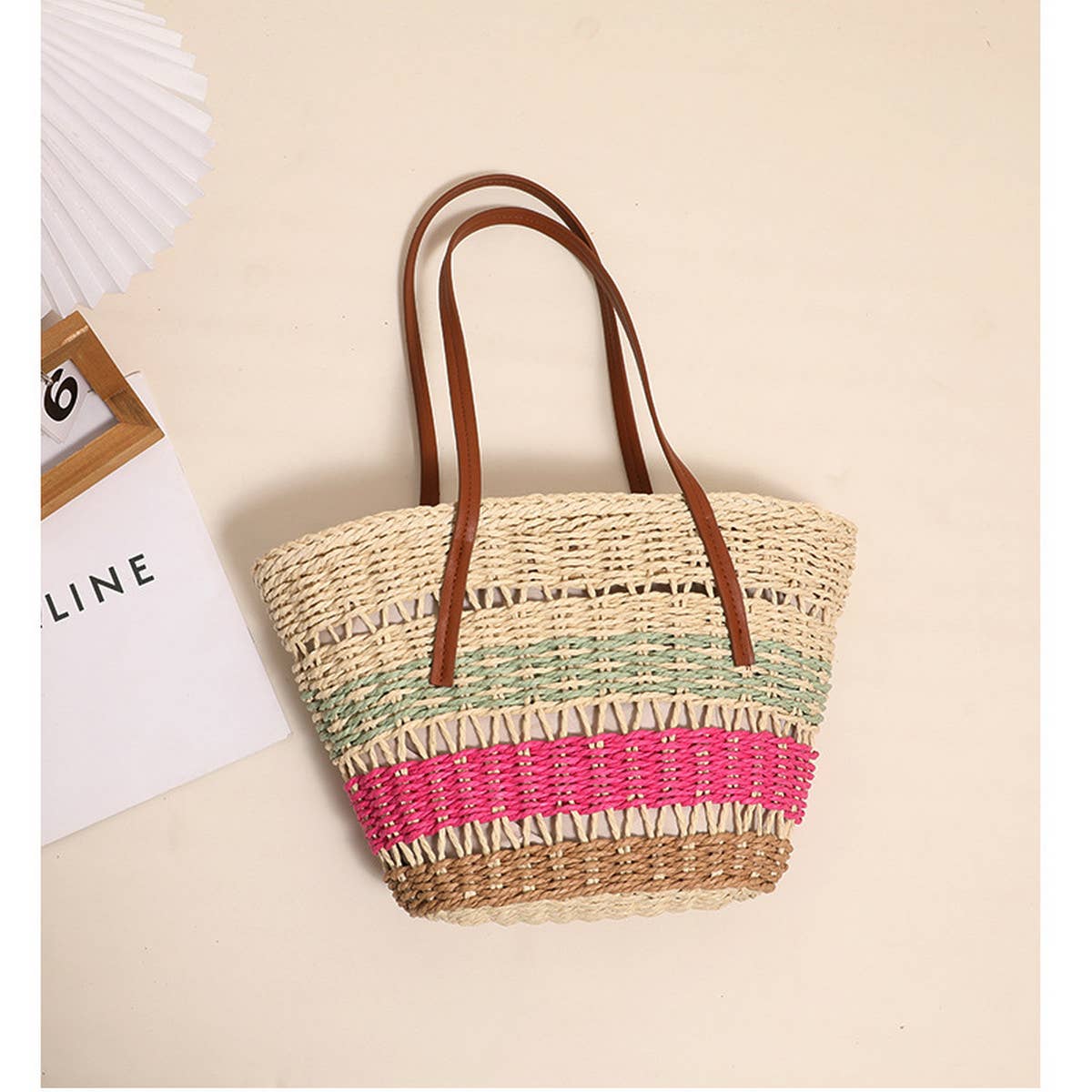 COLORFUL STRIPED SHOULDER STRAW BAG_CWAB1865
