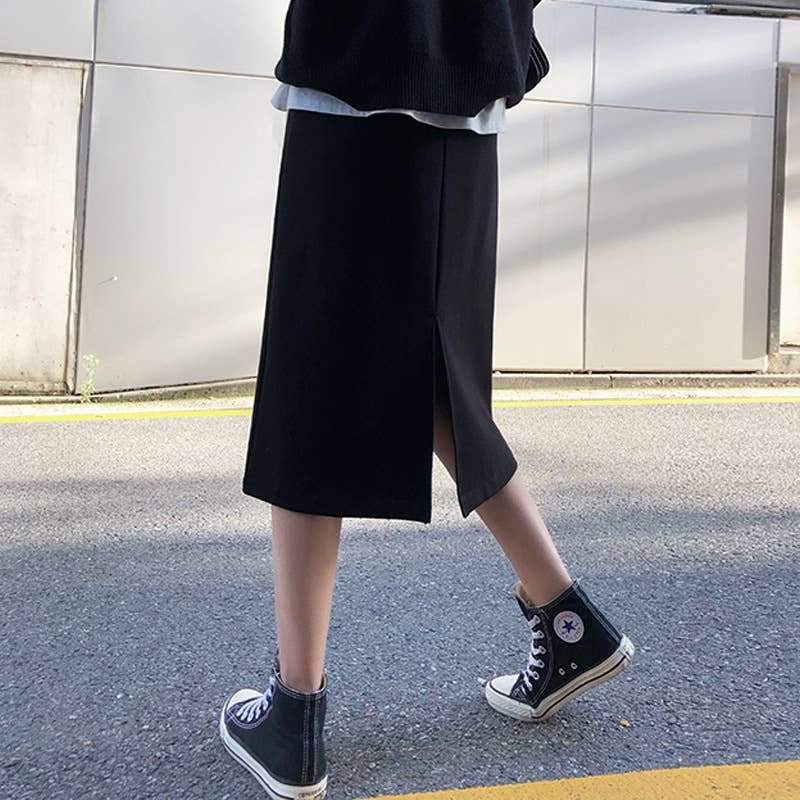 Split Woolen Long Hip Wrap Skirt