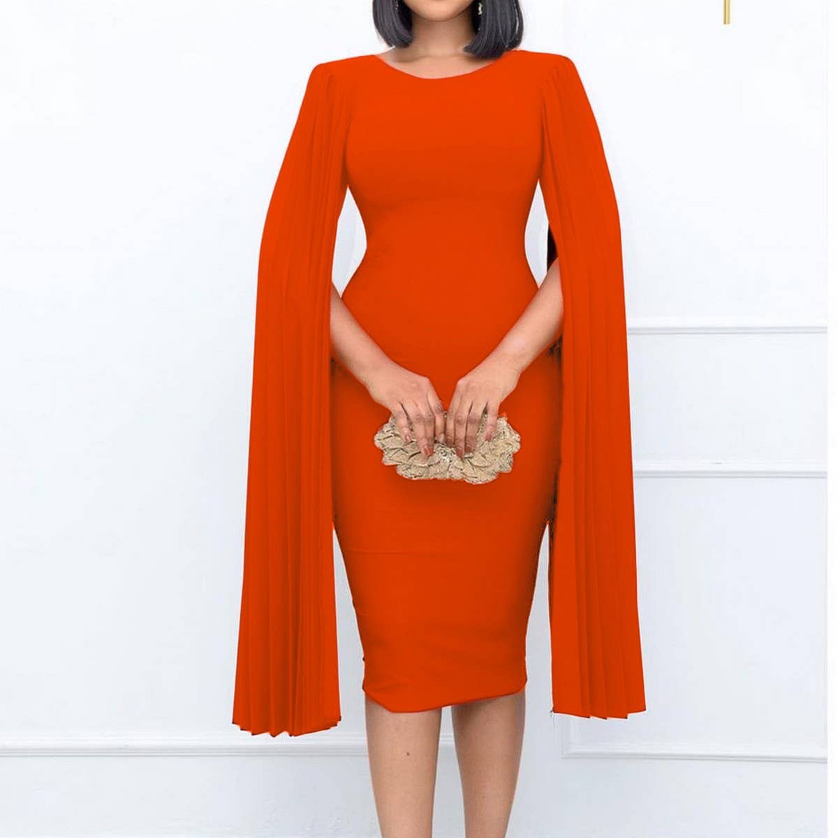 PLEATED ROUND NECK ELEGANT HIP HUGGING TIGHT DRESS_CWDMD3701