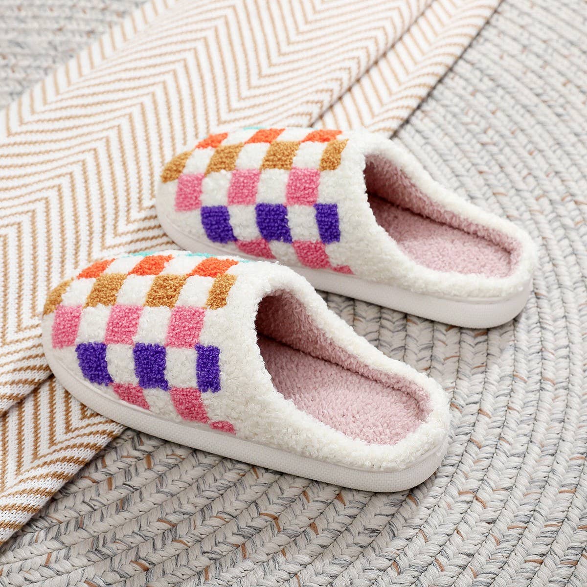 COLORFUL PLAID PRINT EMBROIDERED COTTON SLIPPERS_CWSHS0867