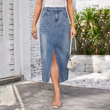 Wome Washed Denim Midi Skirt With Slit_Cwjsk0196