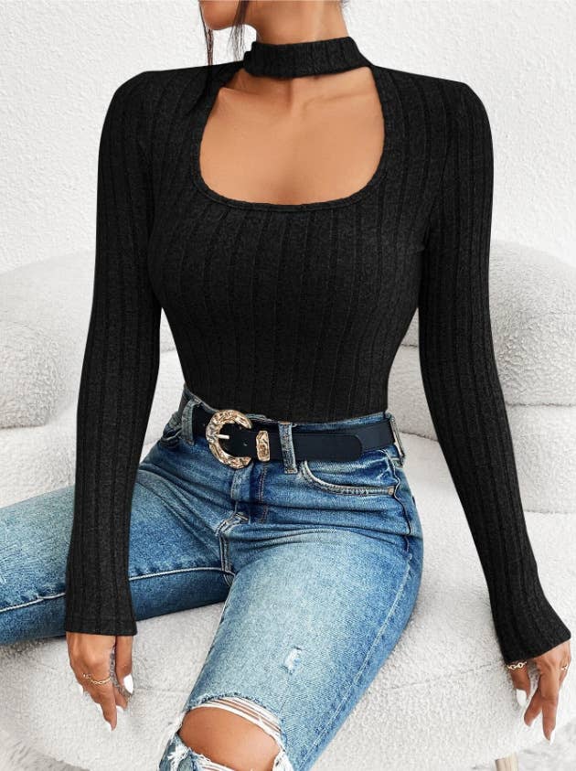 U-Neck Long Sleeve Pit Striped Wool Knit T-Shirt