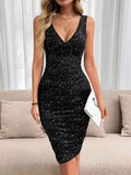 Solid-Color V-Neck, Shining Body-Hugging Dress