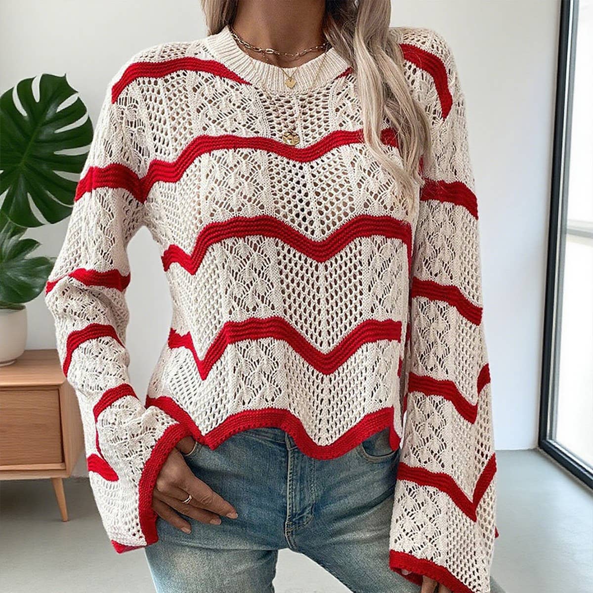 Wavy Flared Long-Sleeved Hollowed-Out Sweater