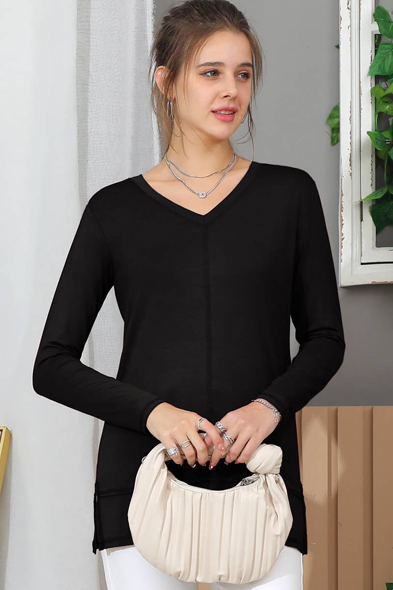 Solid V Neck Long Sleeved Shirt_Cwttl1434