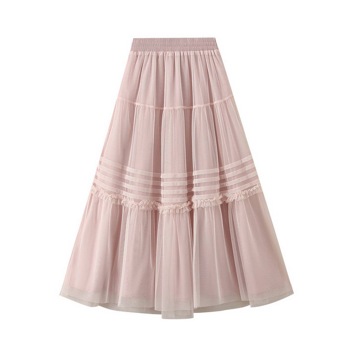 Vintage Pleated Lace Trim Tulle Maxi Skirt_Cwbms0348