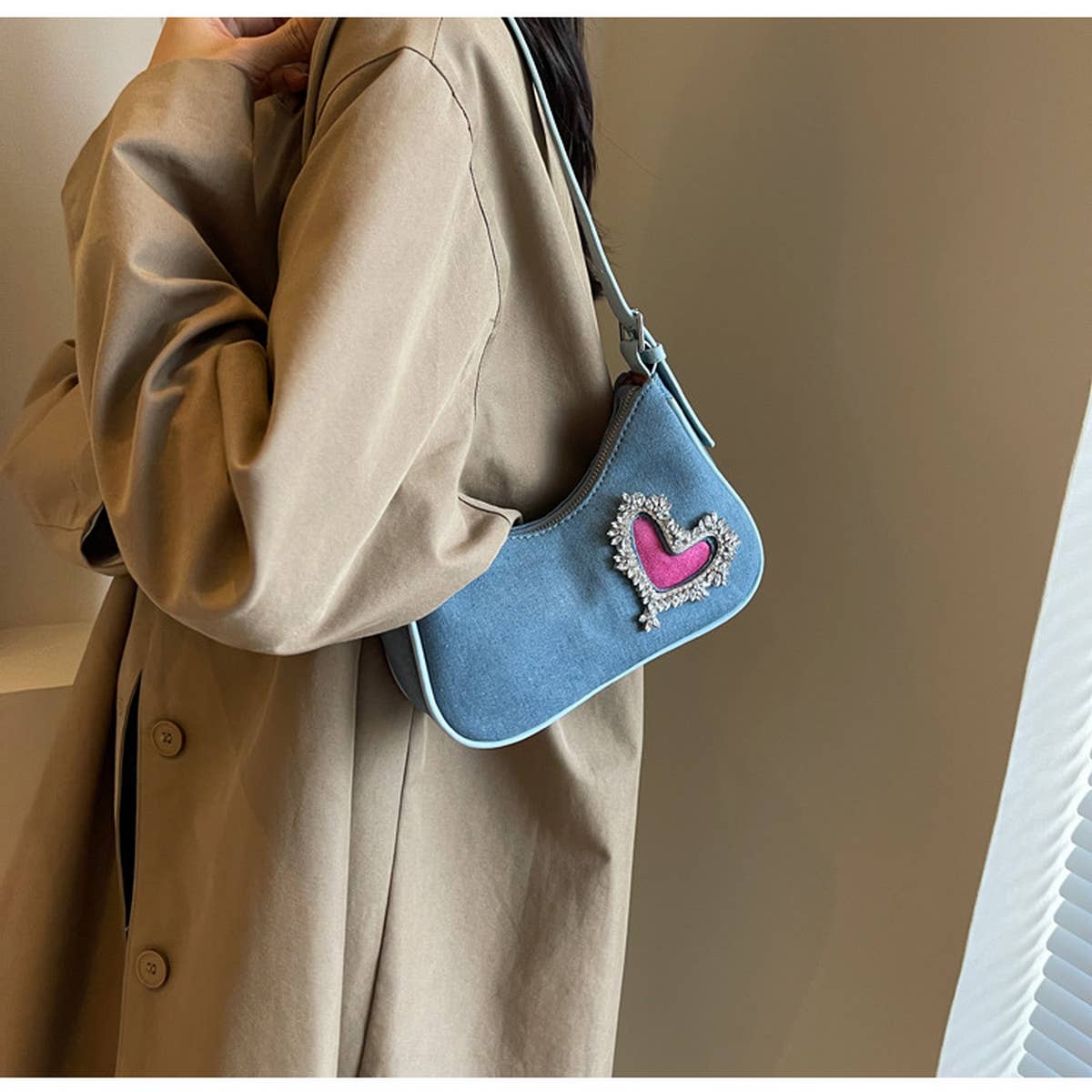 Women Heart Rhinestone Armpit Bag_Cwab1593