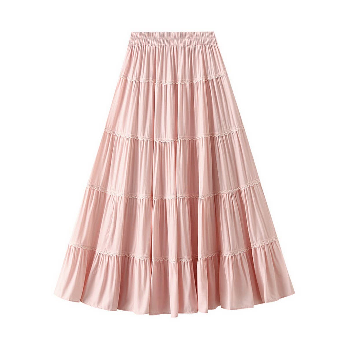 HIGH WAIST LACE TRIM A LINE TIERED MAXI SKIRT_CWBMS0363