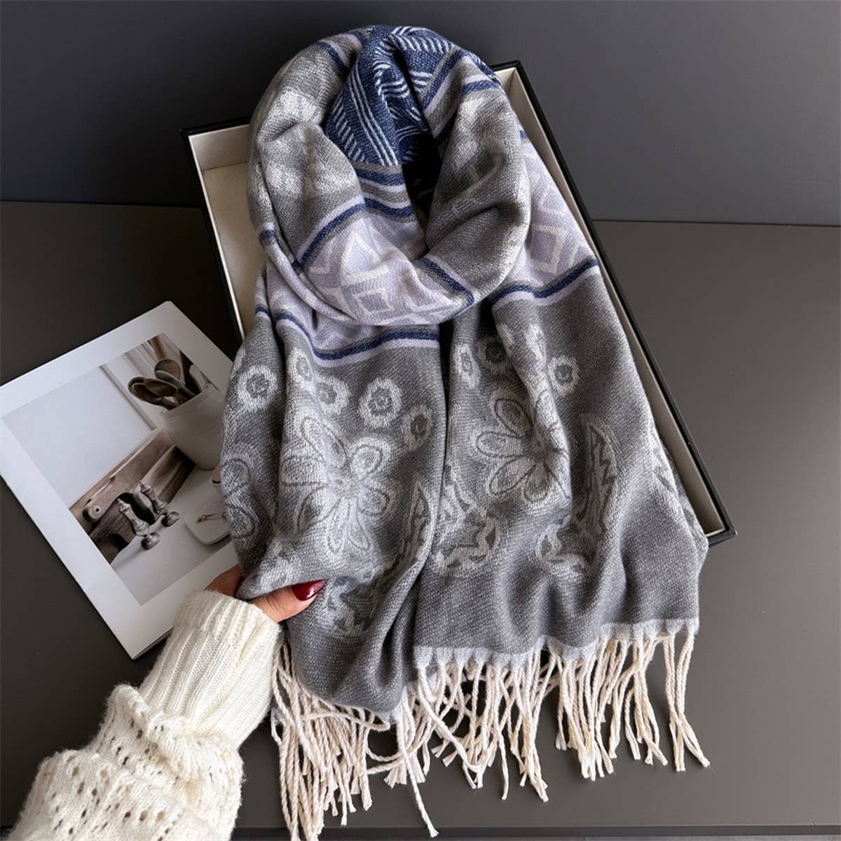 Fresh Floral Winter Tassel Scarf Soft Cashmere_Cwasc03248