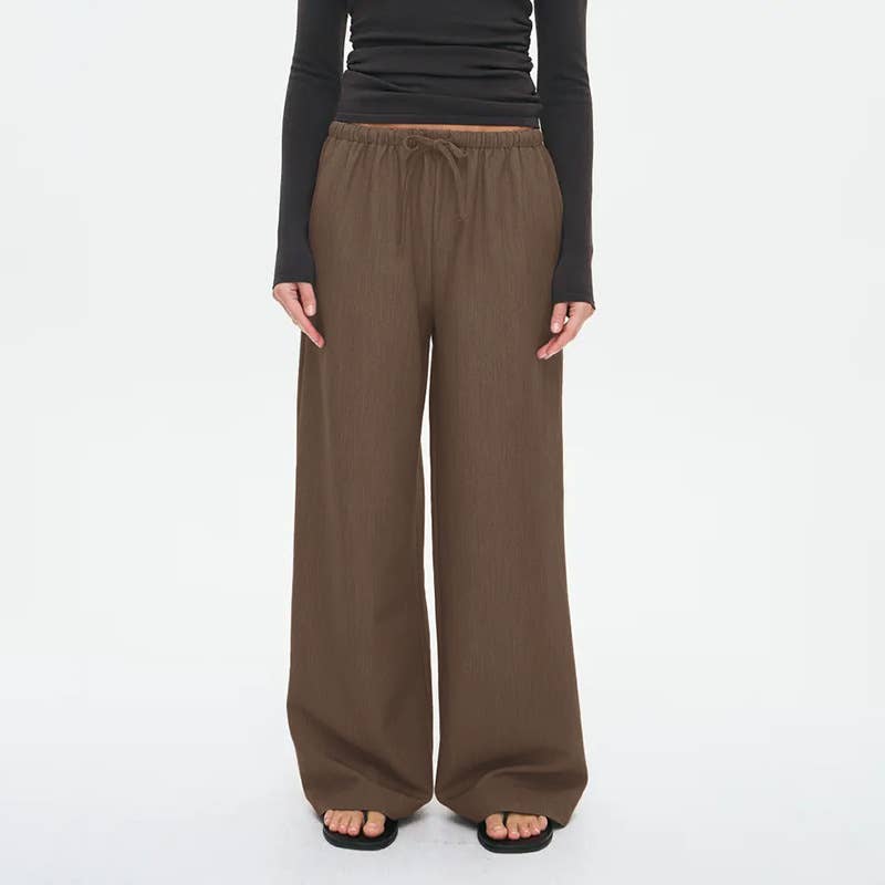 Stretched-Waist Drawstring Straight-Leg Trousers
