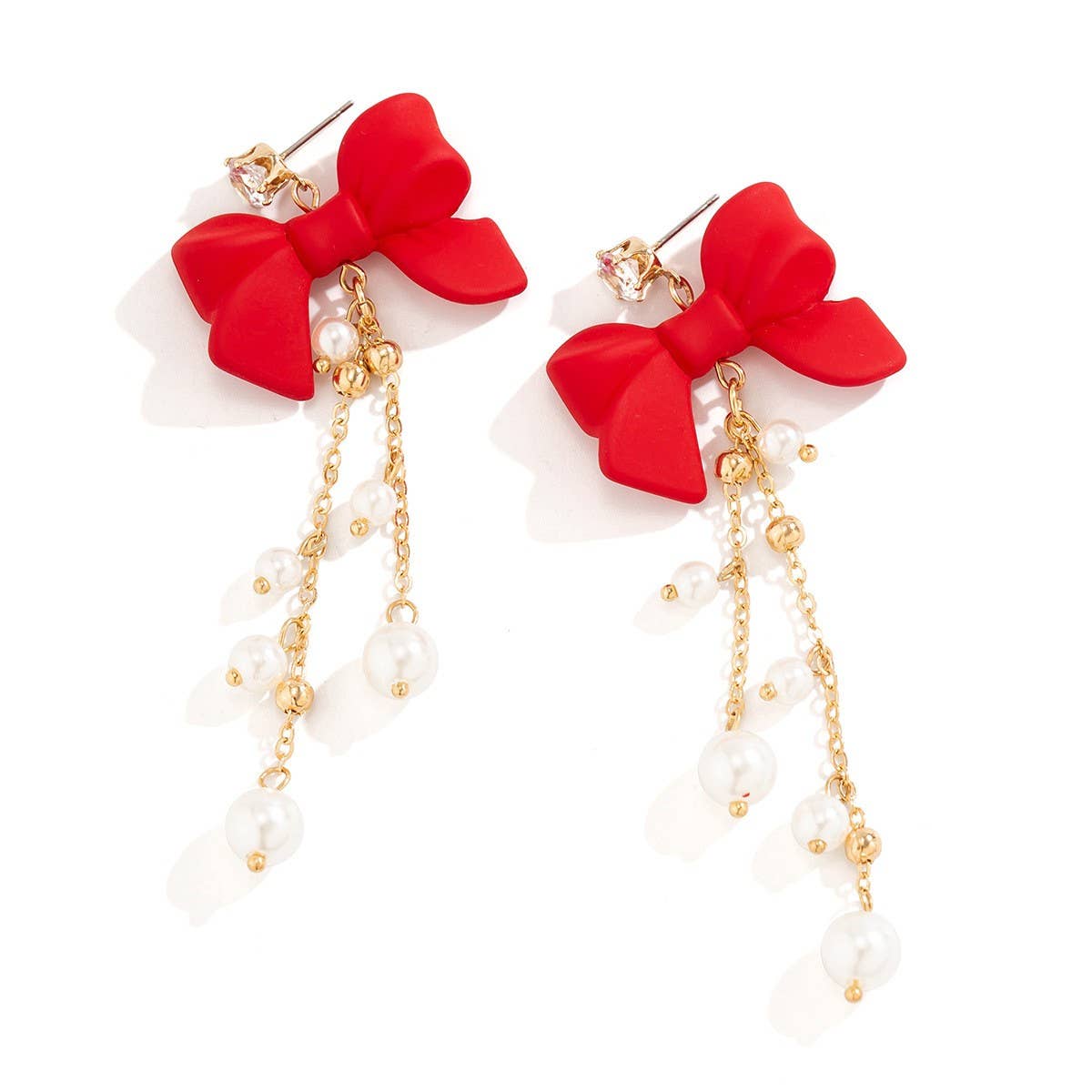 RED BOW EARRINGS WITH PEARL TASSELS_CWAJE1138
