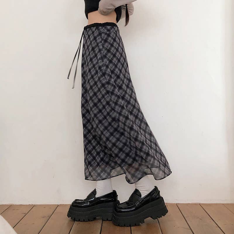 White Gauze Plaid Tall Waist Long Skirts