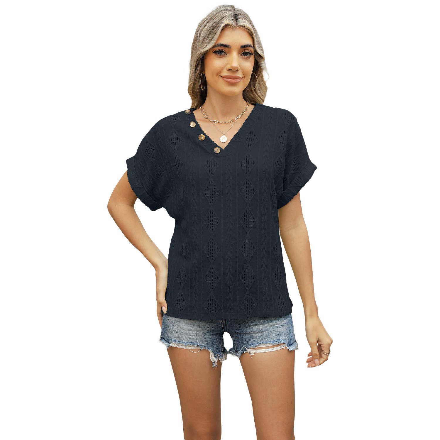 V-Neck Jacquard Button Loose Cutout T-Shirt