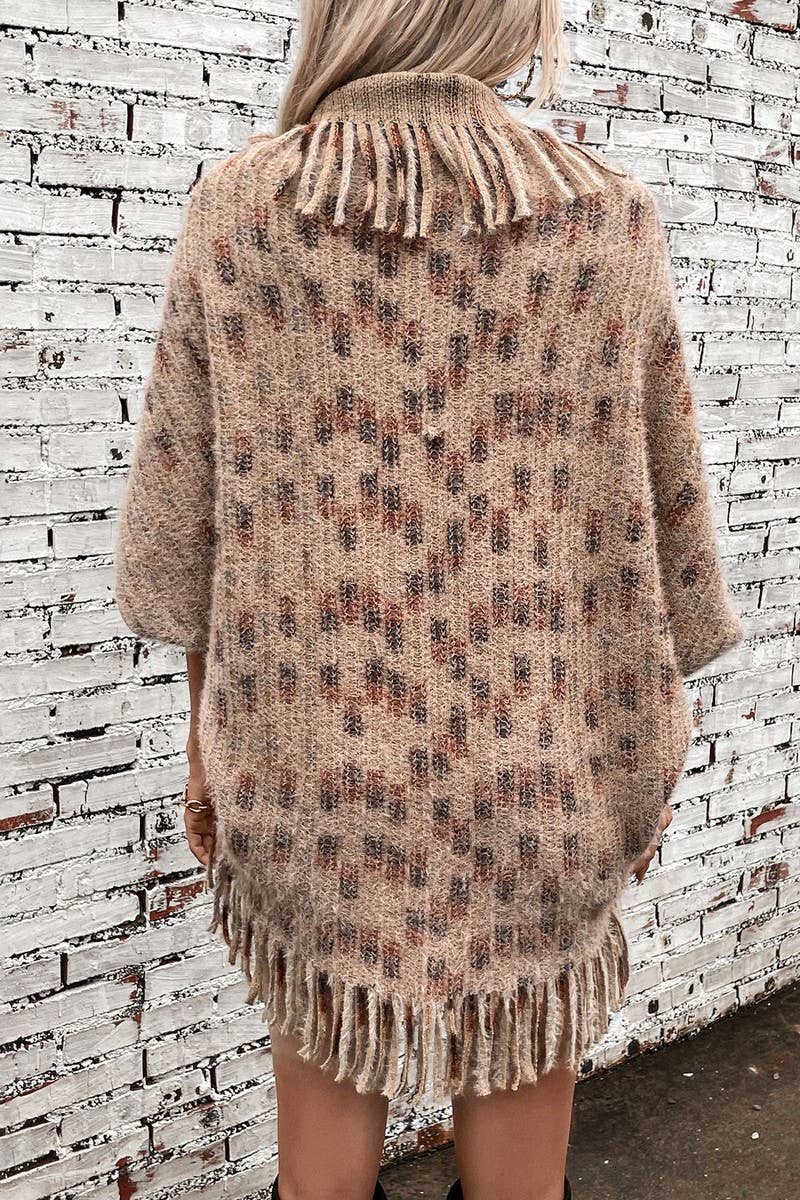 Cwocas0049_Colorful Plaid Knitted Fringed Cape Shawl