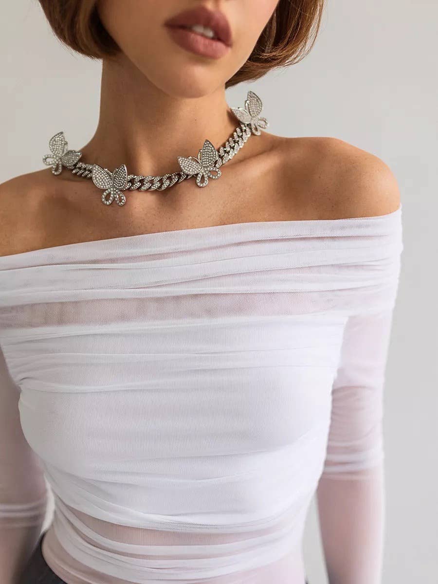 Solid Color Fit Line Neck Gauze Long Sleeve Top