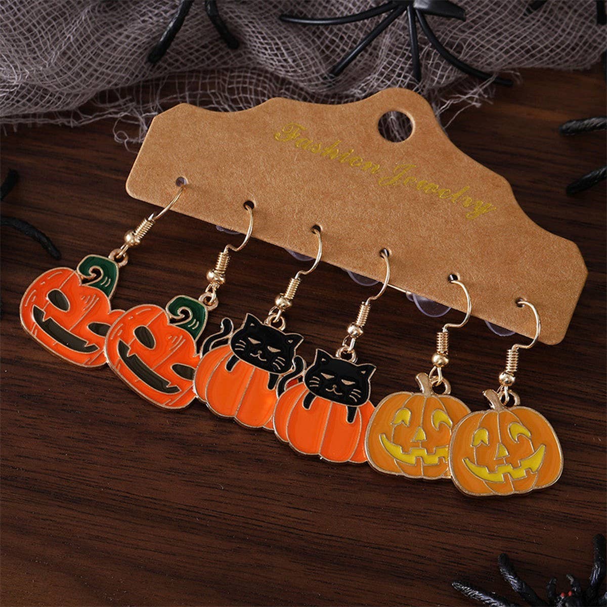 HALLOWEEN PUMPKIN BLACK CAT PENDANT EARRINGS_CWAJE1976