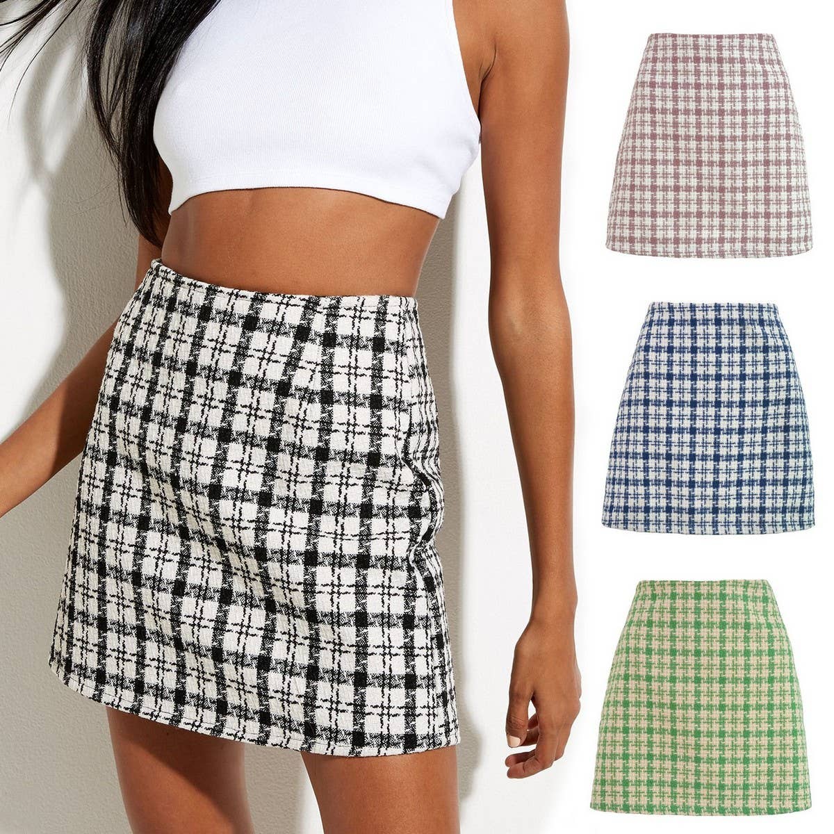 RETRO CHECKERED A LINE SHORT WOOLEN SKIRT_CWBSS0393