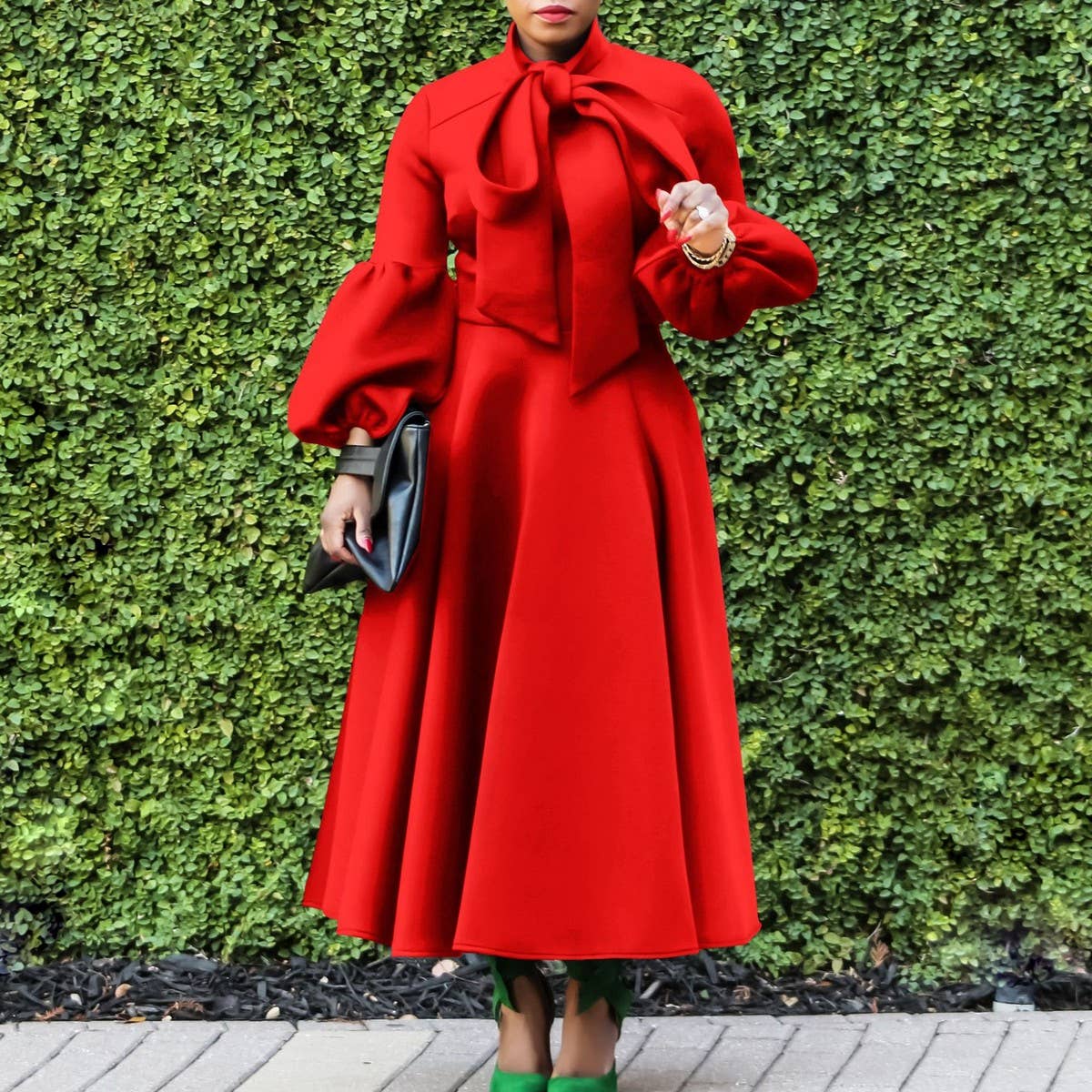 LANTERN SLEEVE HIGH WAIST BOW OVERSIZED DRESS_CWDMD3664