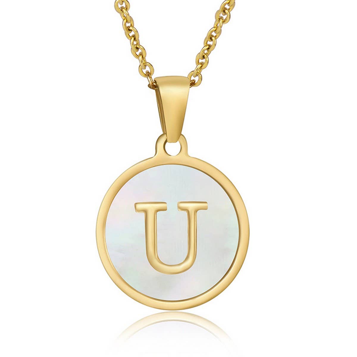 Cwaje1934_Round Stainless Steel White Shell Letter Necklace
