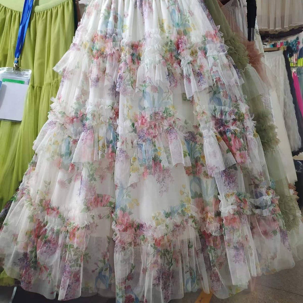 COLORFUL FLORAL MESH PRINT PLEATED TULLE SKIRT_CWBLS0399