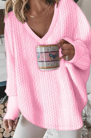 Solid Color Knit Sweater V-Neck Pullover Hoodie