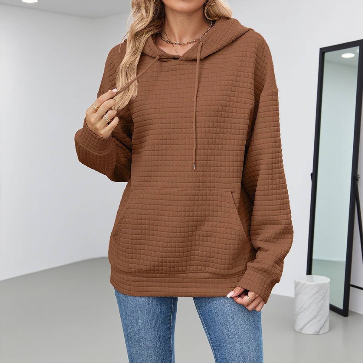 Solid-Color Hooded Loose Long-Sleeved Sweatshirt_Cwohol568