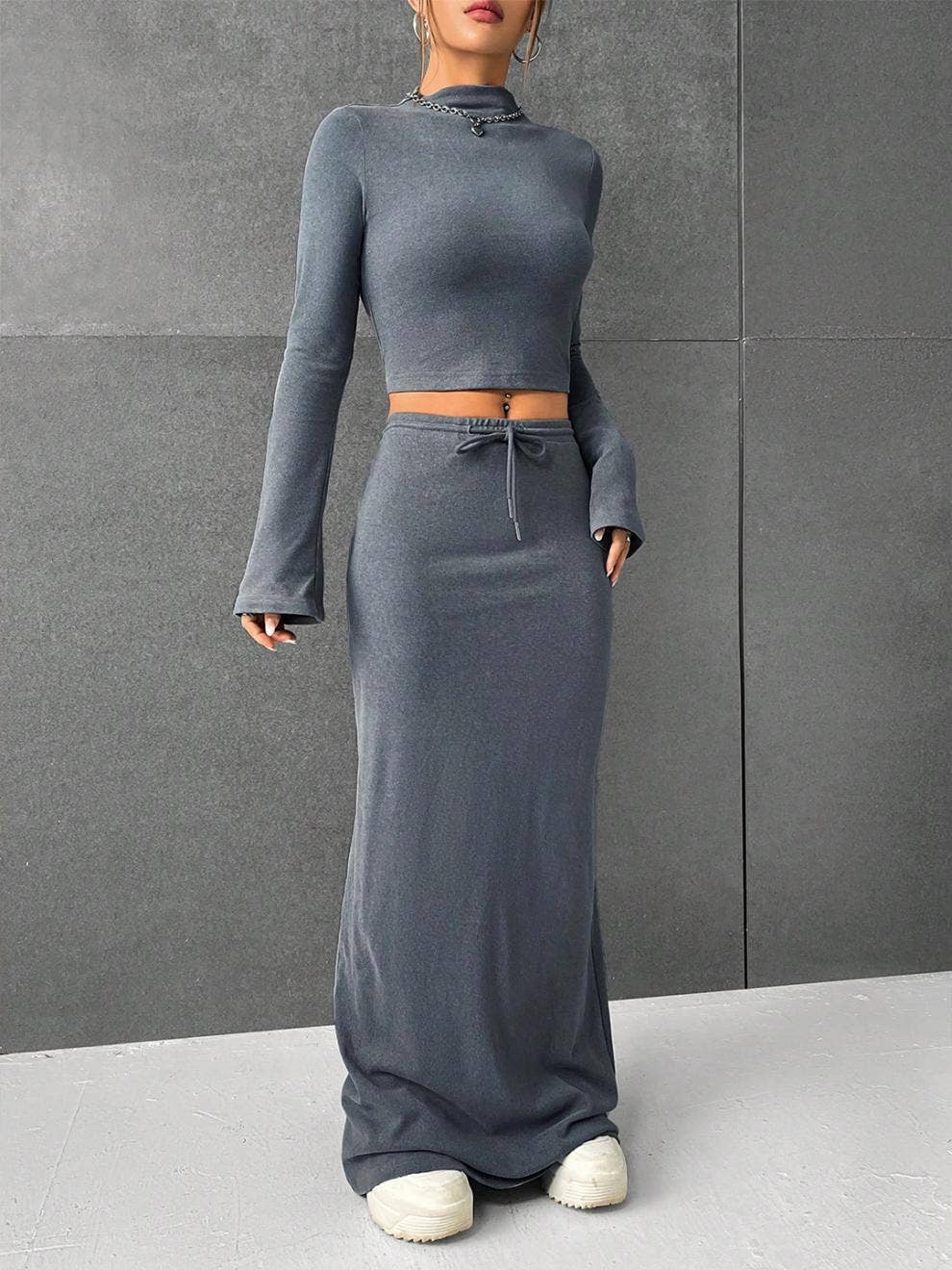Solid Color Pants Long-Sleeved Top Two-Piece Set