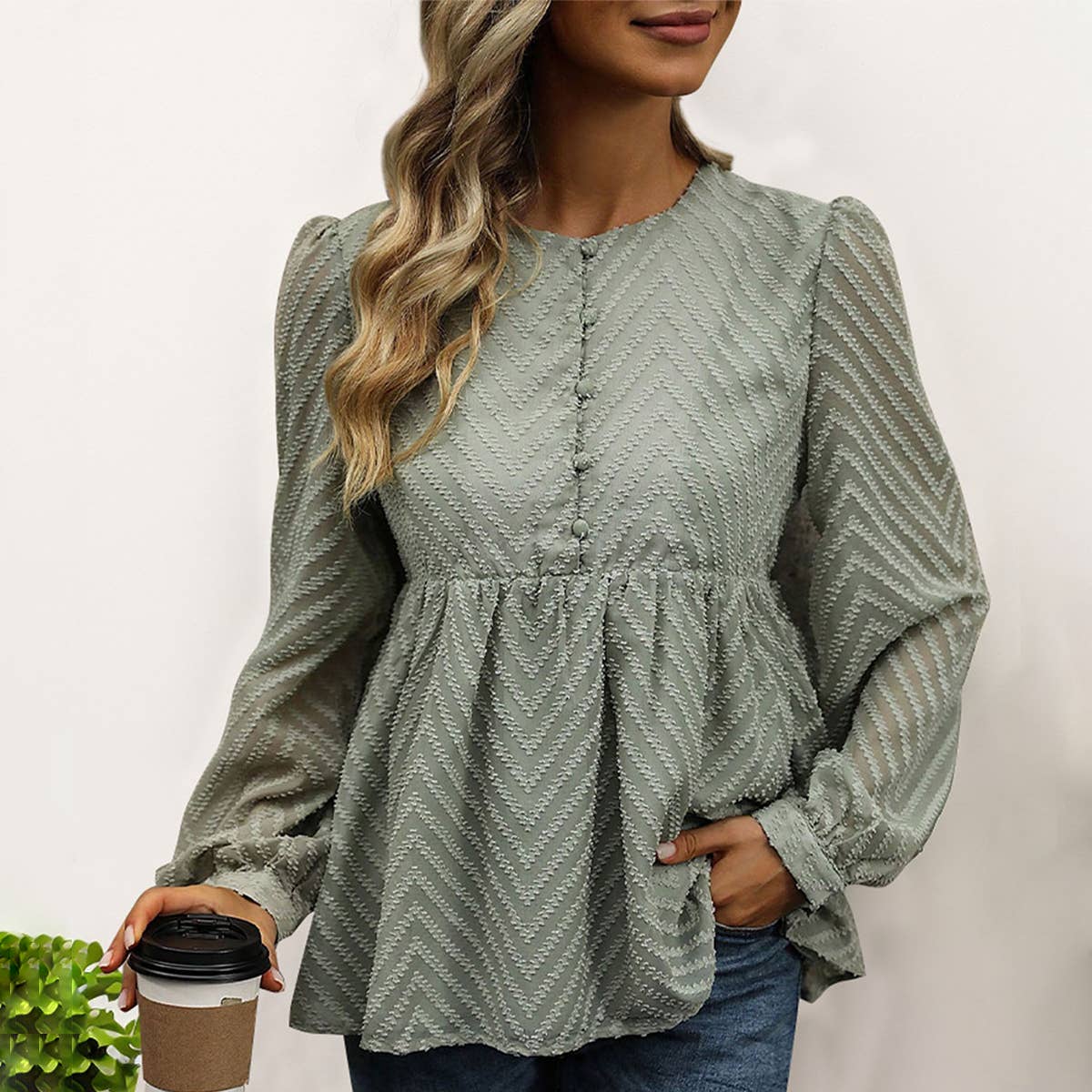 Solid Color Long Sleeve Jacquard Shirt