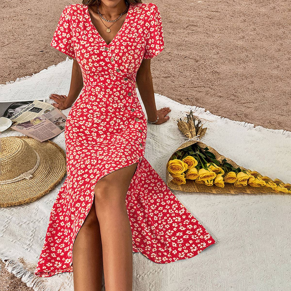 V Neck Floral Split Button Dress_Cwdmd1520