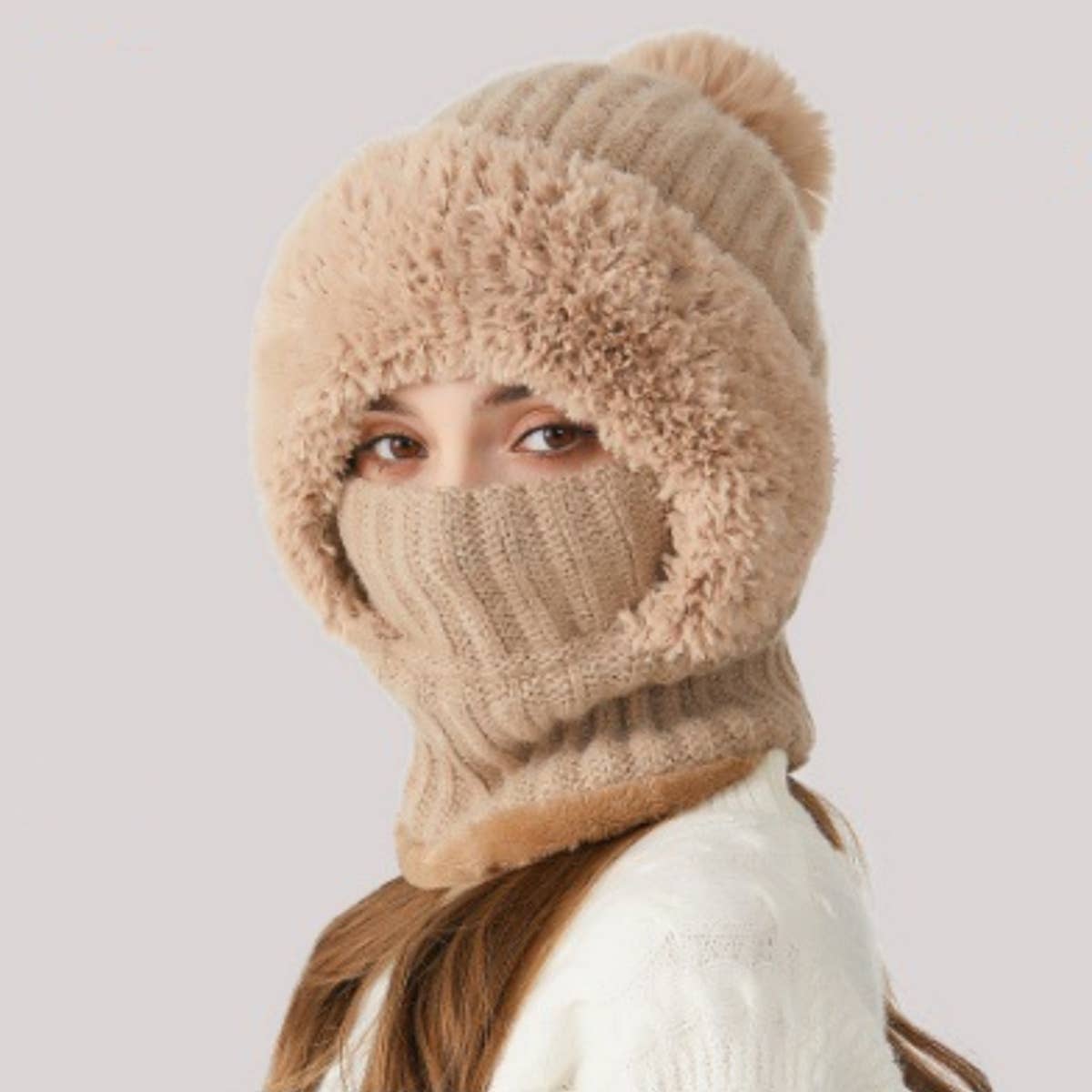 Cwah2211_Knit Thick Fluffy Ball Bib Headpiece