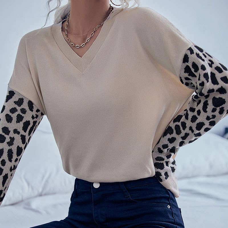 V-Neck Knit Pullover With Leopard Splicing Primer