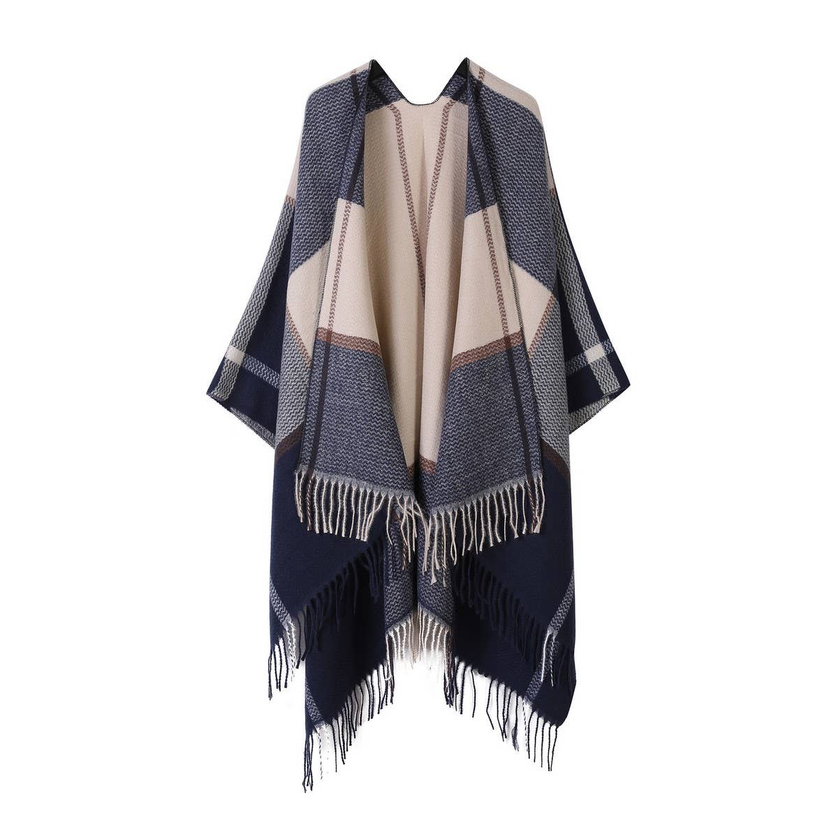 FRINGED SHAWL PLAID SCARF FAUX CASHMERE SLIT CAPE_CWASC2258