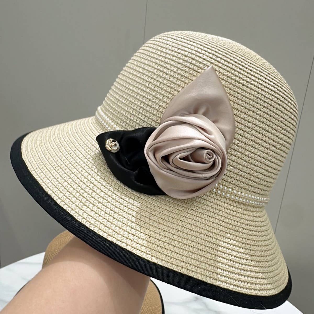 Vintage Elegant Pearl Camellia Straw Hat_Cwah3593