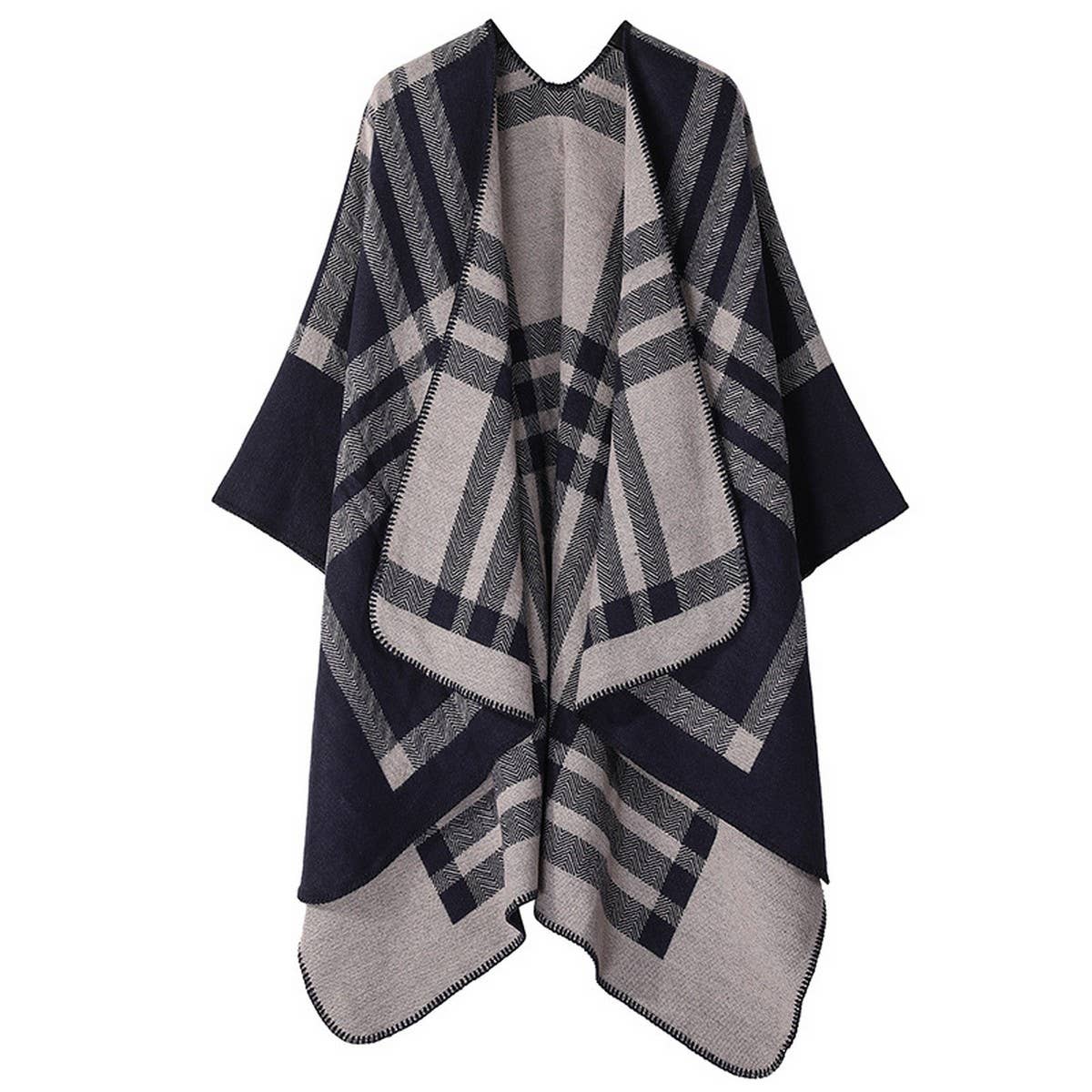 KNITTED WOOL PLAID LARGE SHAWL SCARF CLOAK_CWASC2170