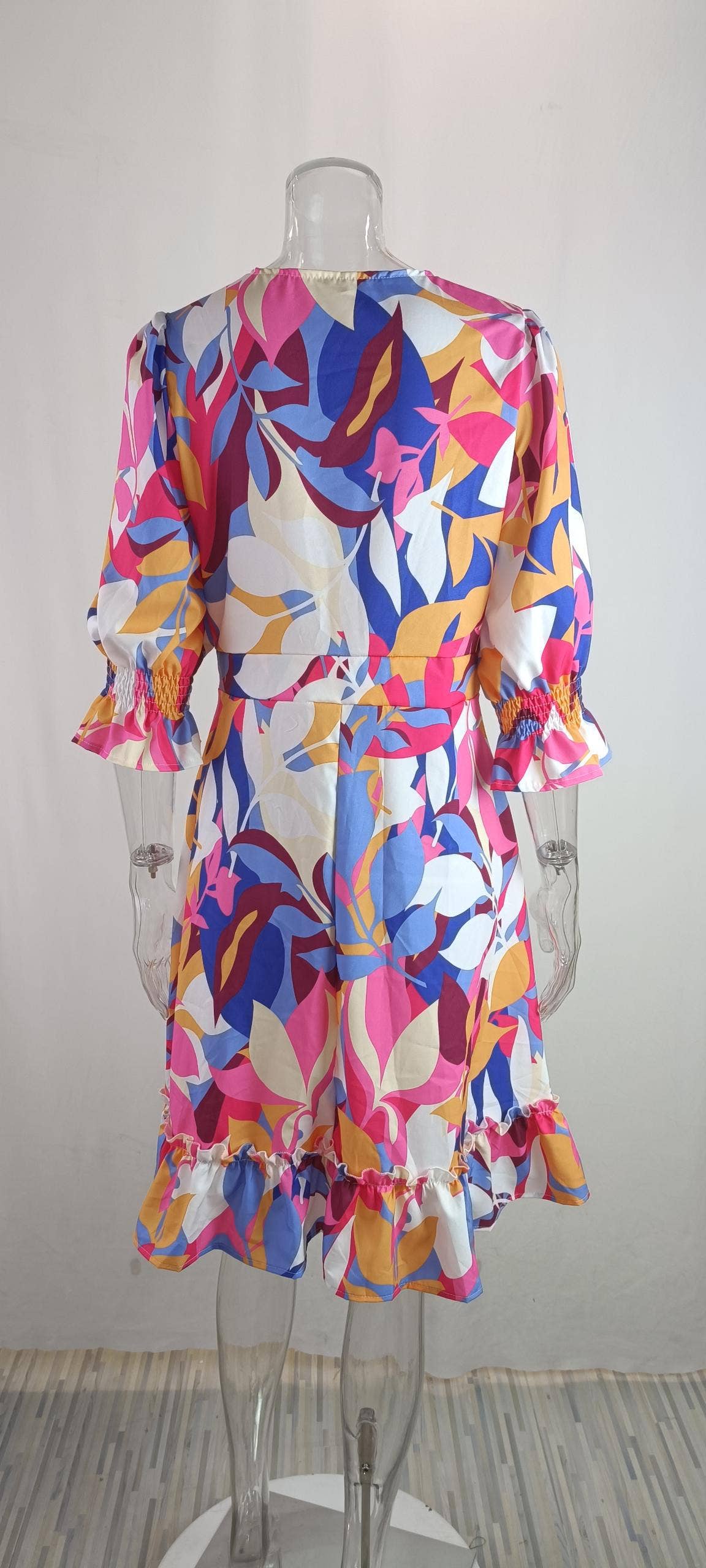 V-Neck Lace-Up Print Ruffled Dress