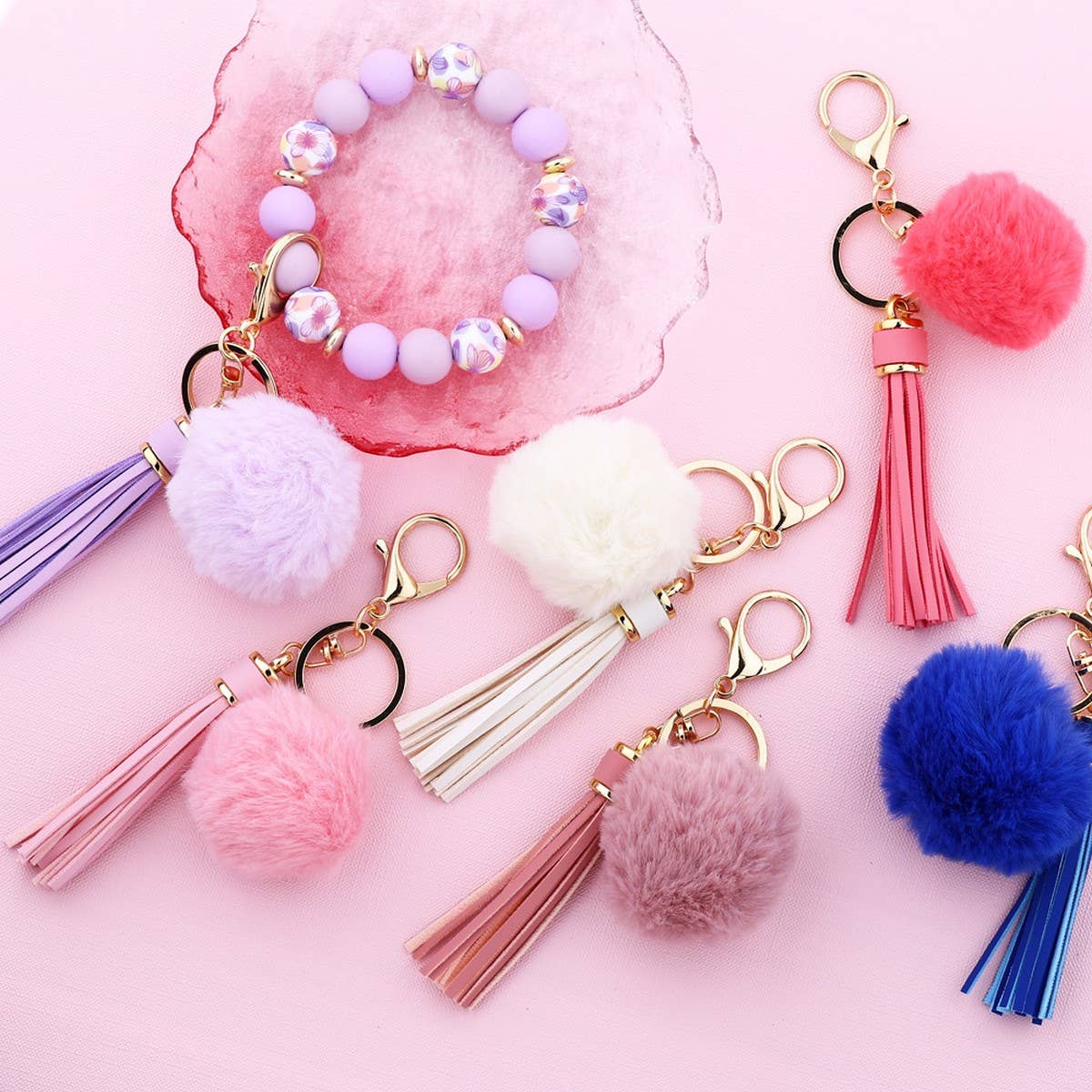 POM POM TASSEL KEYCHAIN SILICONE BEAD BRACELET_CWAB5016