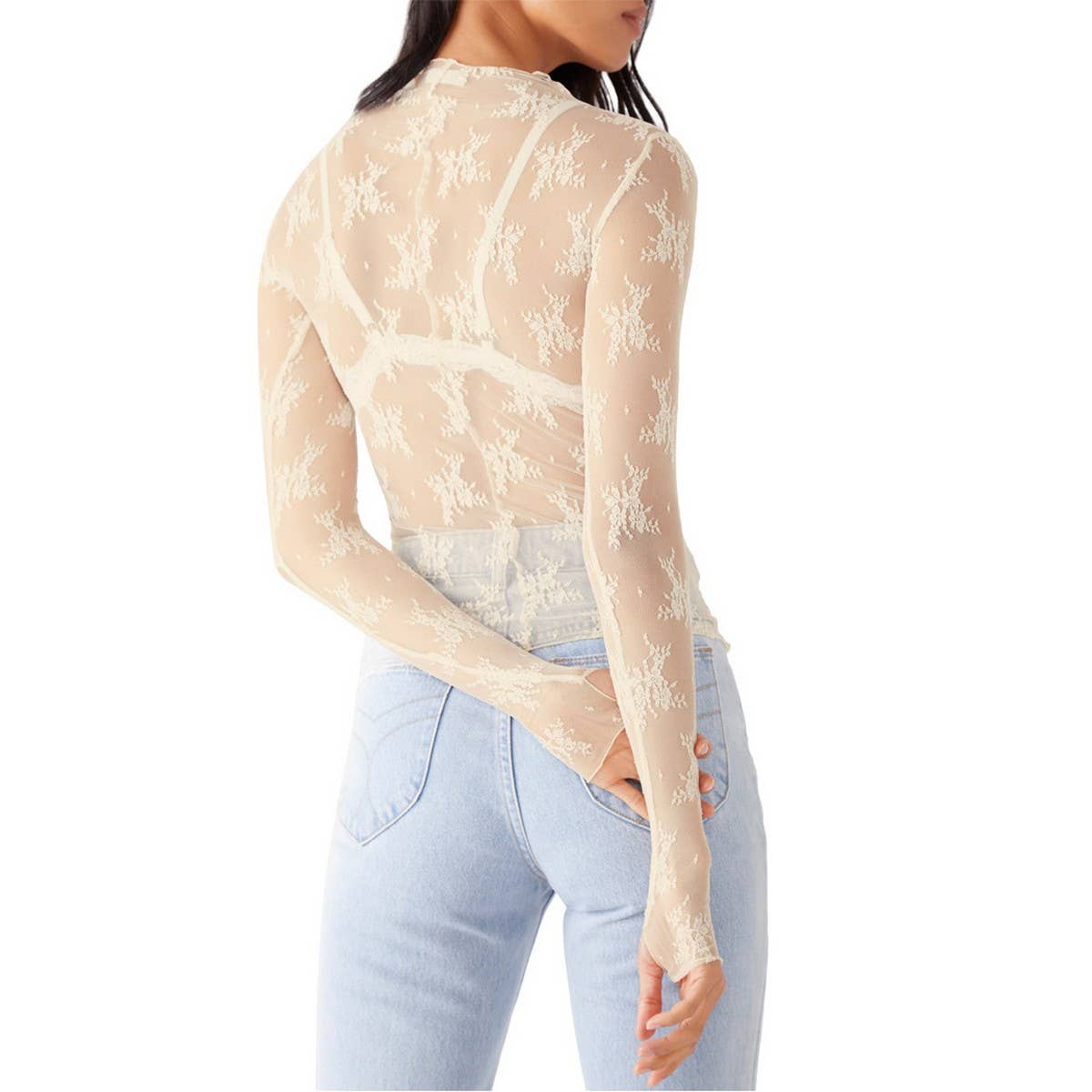 SEMI SHEER MESH LACE TOP BOTTOMING SHIRT_CWTBLL2660