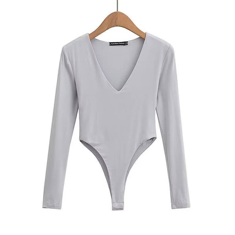 Tight Deep V-Neck Long-Sleeved One-Piece Top