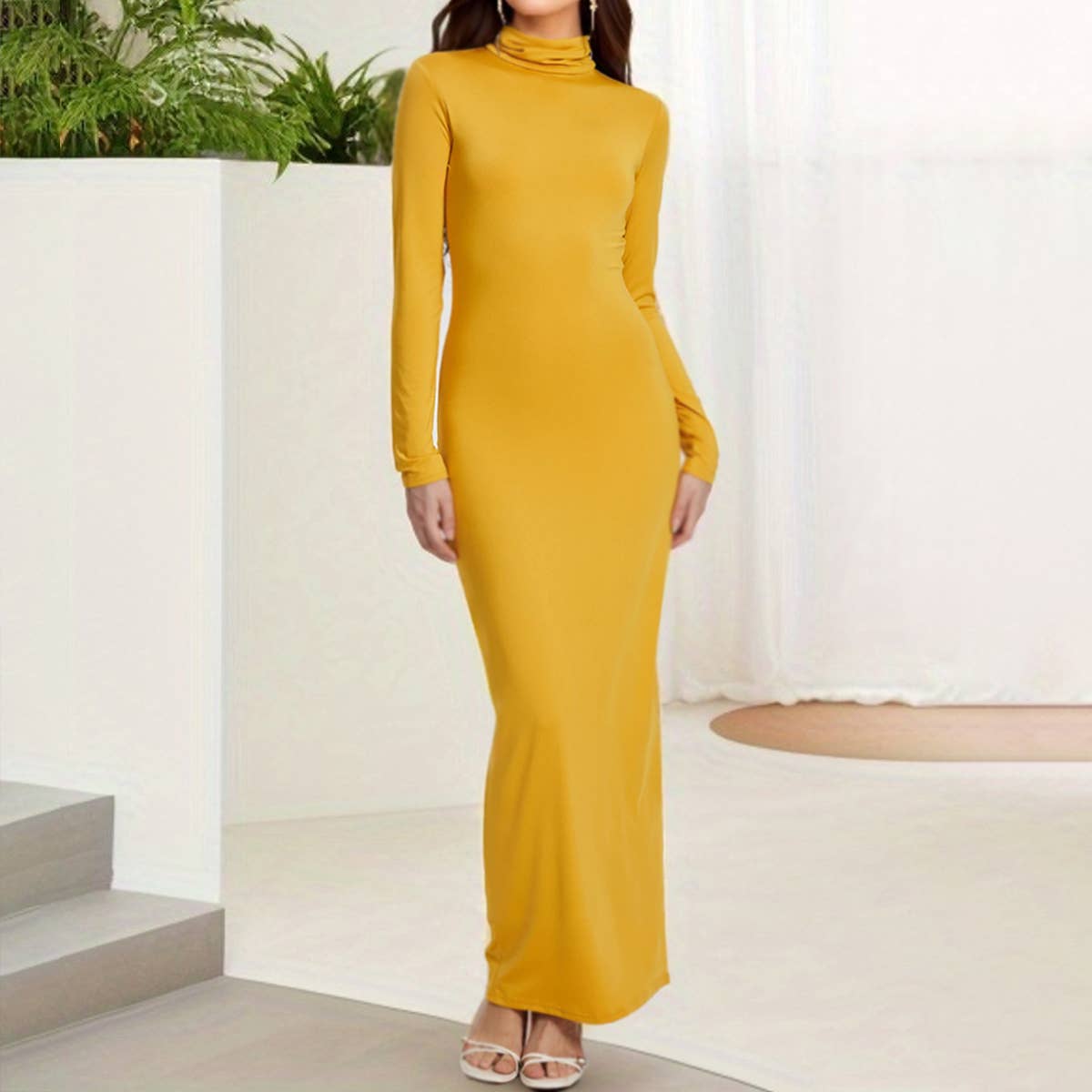Stylish Solid Color Long Sleeves High Neck Dress