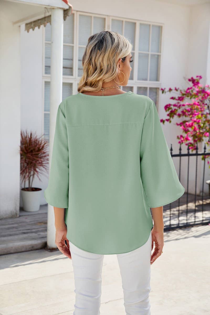 V Neck Ice Silk Solid Color Loose Casual Shirt_Cwtsts0184