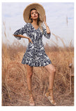 V-Neck French Print Short-Sleeved Dress