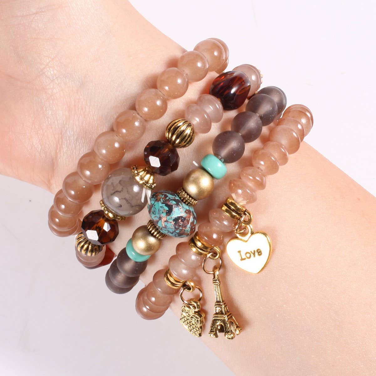 Cwaje05705_Boho Multi Layer Beaded Owl Eiffel Bracelet