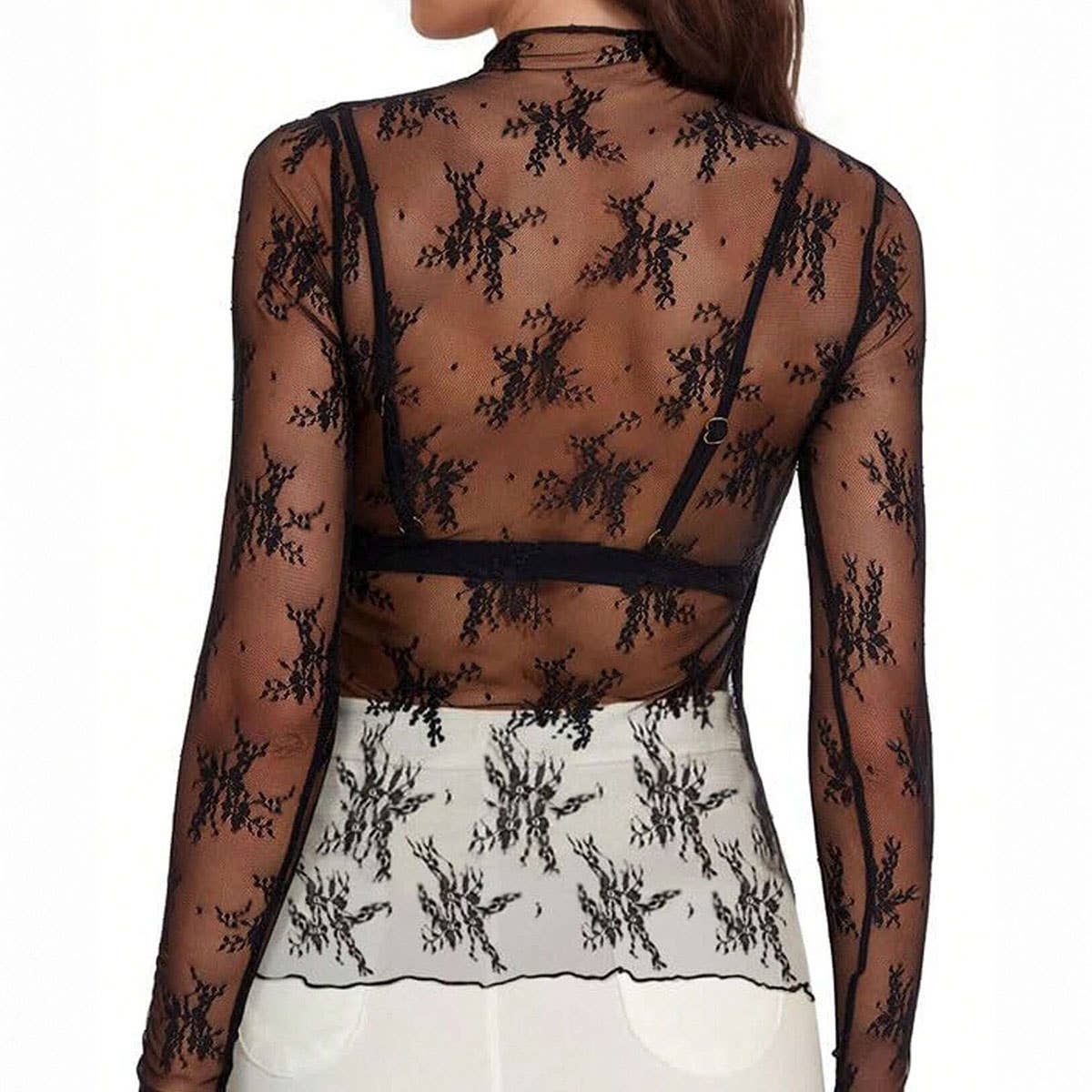 SEMI SHEER MESH LACE SEXY SLIM BOTTOMING SHIRT_CWTBLL2662